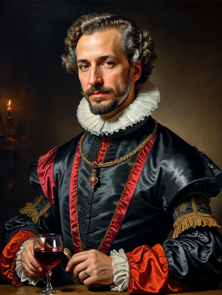 Portrait of Miguel de Cervantes in the studio, with a feather in one hand and a glass of wine in the other, drunk face, red noise and messy hair, very big starched ruff neck, dressed in black, Baroque style costume, vivid saturated colors, highly detailed, contrast colors, style of Velazquez, Painting, Oil, Portrait, Baroque, Spain, 17th Century,