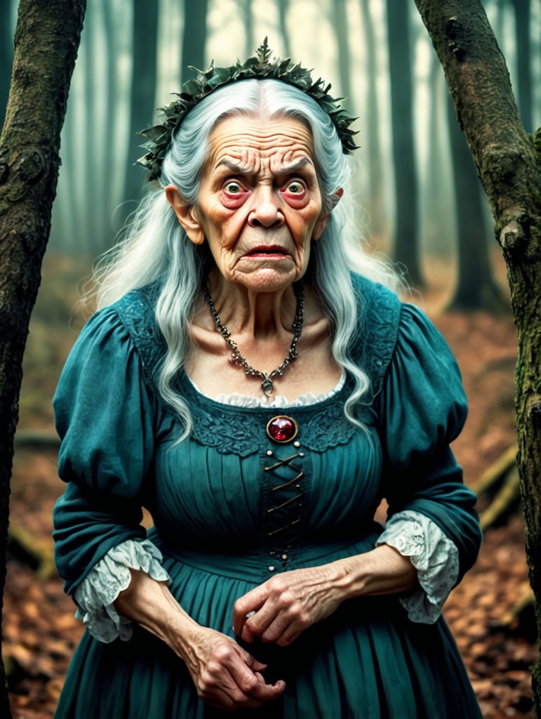 an ugly scary old woman in the woods, fairy tale-style drawing and illustration representing the english style.