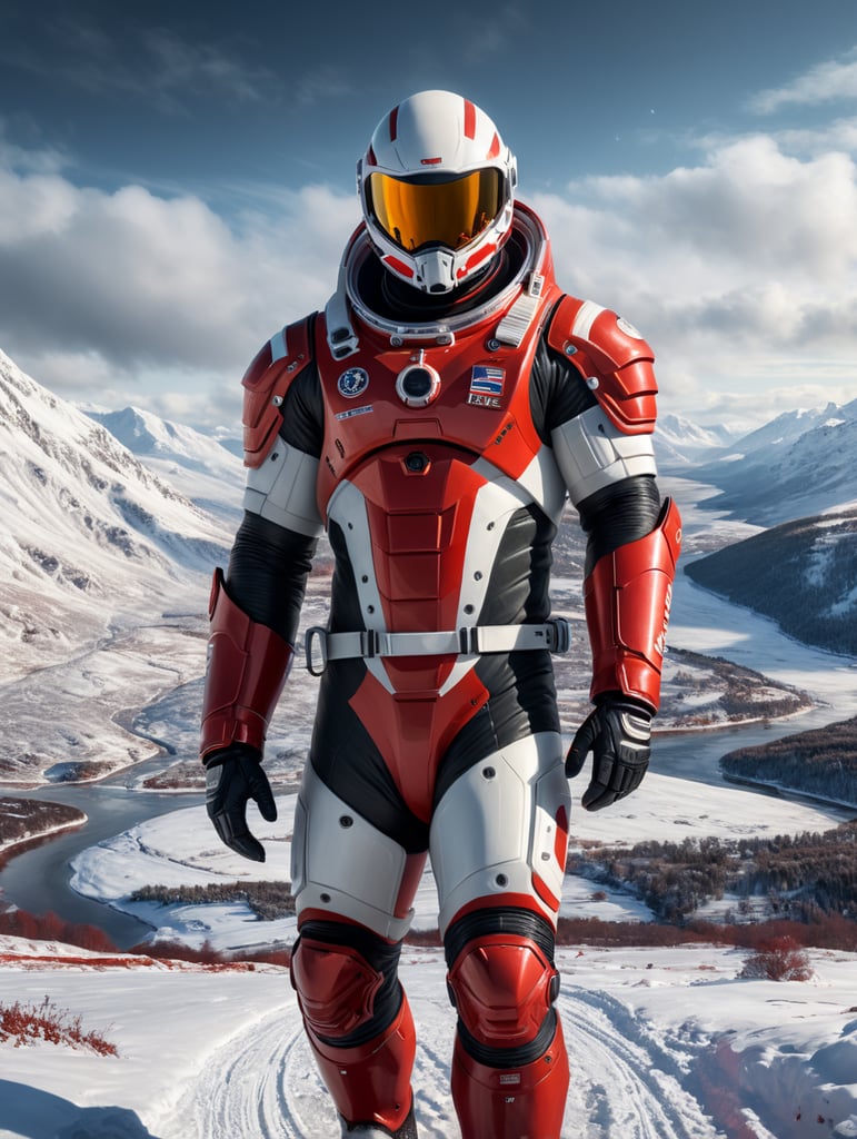 Shay Patrick Cormac in a red and white space suit without a helmet against a Nordic winter landscape.