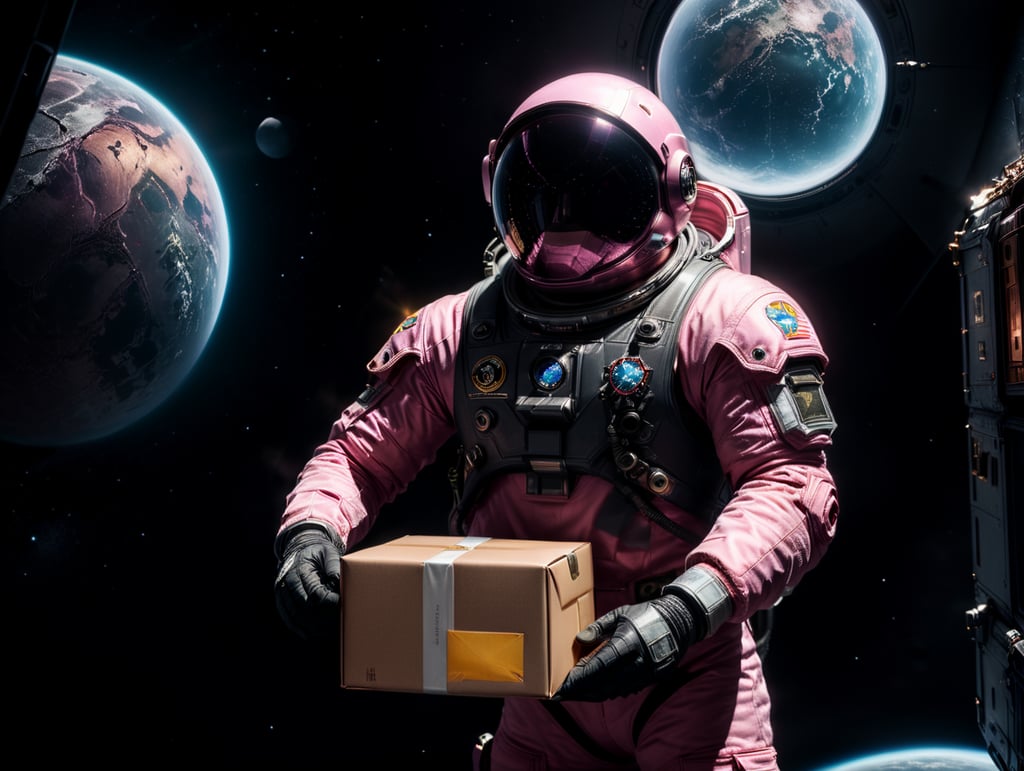 An astronaut holding a t-shirt and box in deep space. Floating in dark space with just small stars, pitch black. Pink astronaut suit.