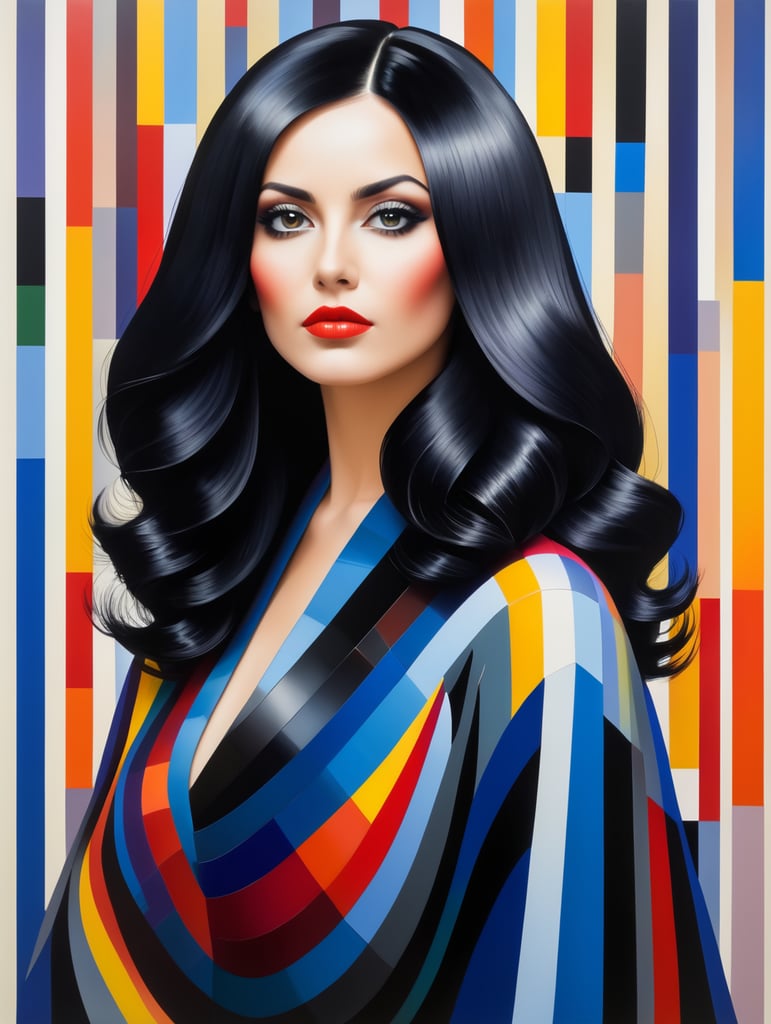 Portrait of a woman with black hair, style of Yaacov Agam