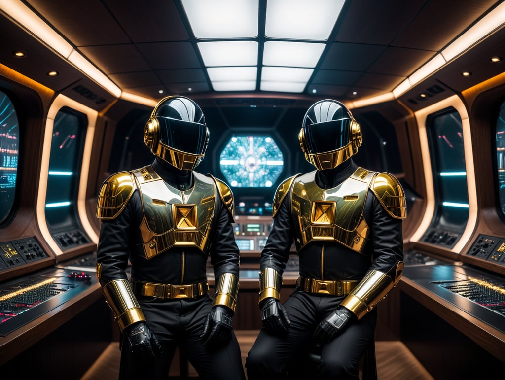 daft punk plays in a spaceship, interior design, cinematography, photography, volumetric, symmetrical, ultra wide angle, depth of field, highly detailed, ultra realistic, 16k