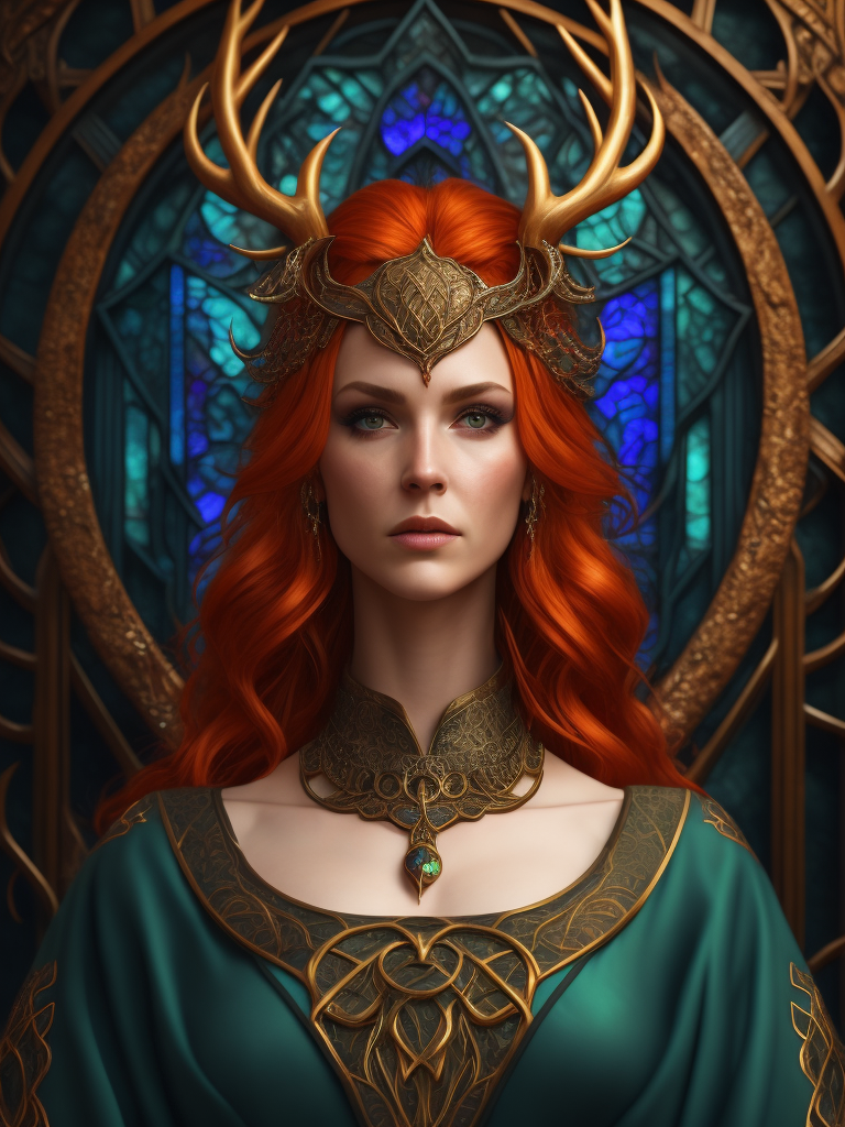 stained glass effect, celtic pagan red haired woman wearing antlers on her head, regal goddess, beautiful, in a forest, wearing ancient goddess robes with celtic embroidery, dark evening background, stained glass style