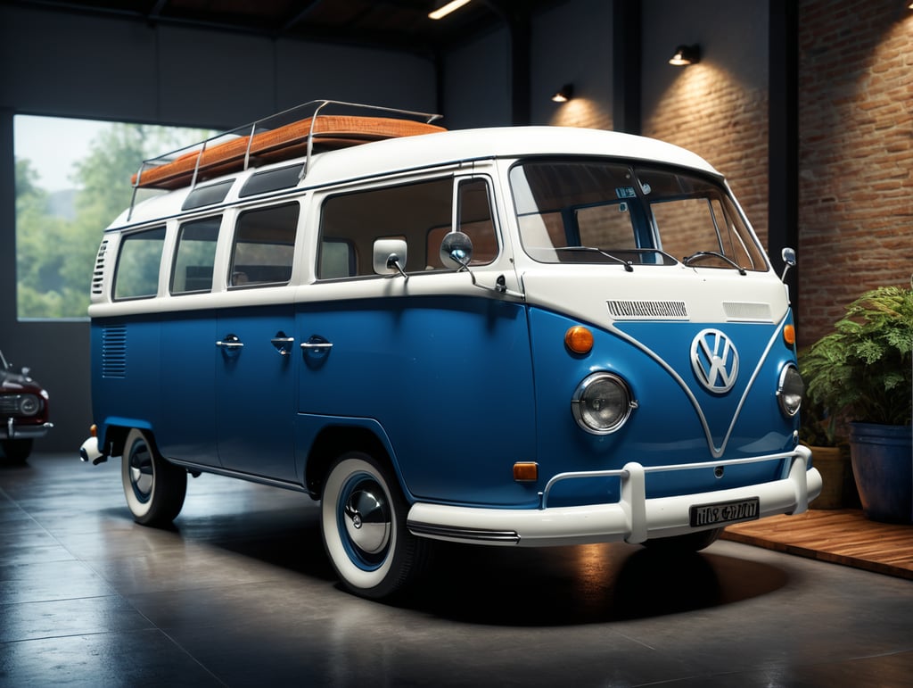 a vintage blue and white Volkswagen kombi,hyper realistic textures, natural textures, elegant, super detailed, photo realistic, ultra realistic, volumetric lighting, detailed 32K, Sony A7S Ill, f 8.0, 1 200. sharp-focus, detailed 64K megapixel. Volumetric lighting, detailed 32K, Sony A7S Ill, f 8.0, 1 200. sharp-focus, megapixel.