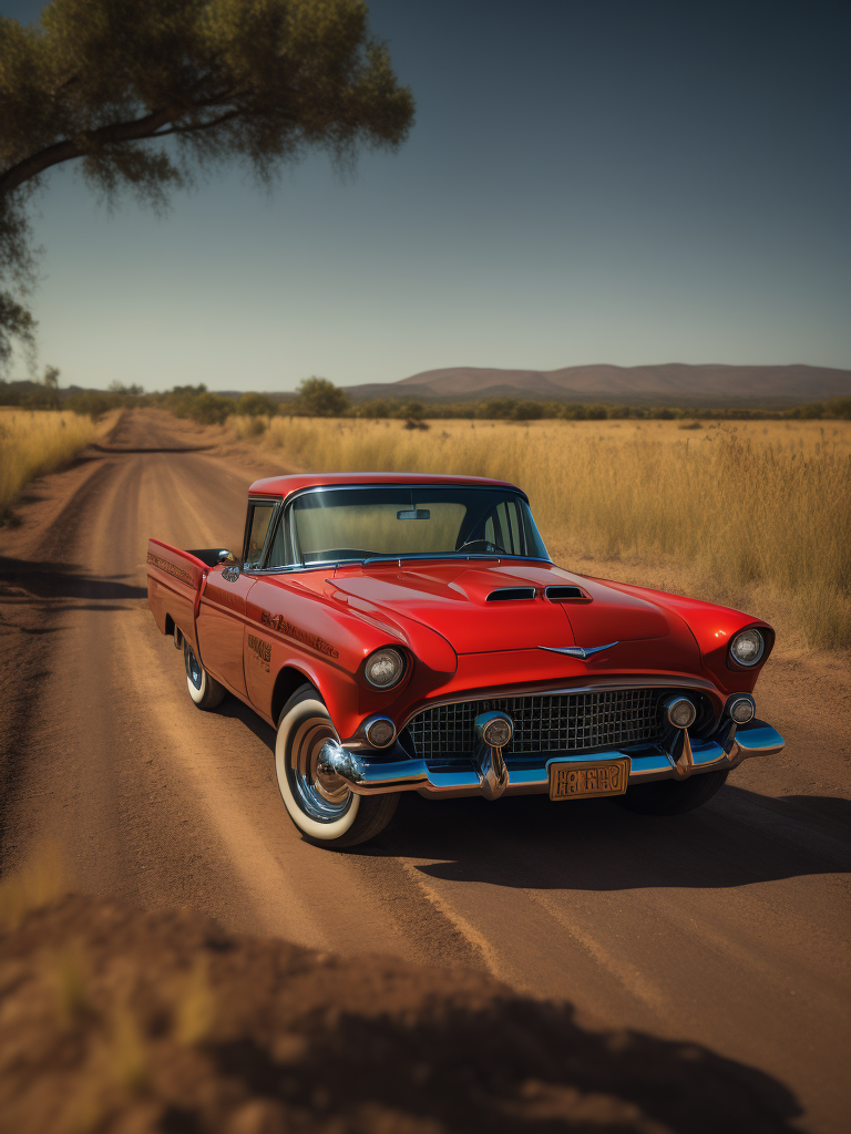Red ford thunderbird 1955 old fashion truck driving down a dirt road in the country