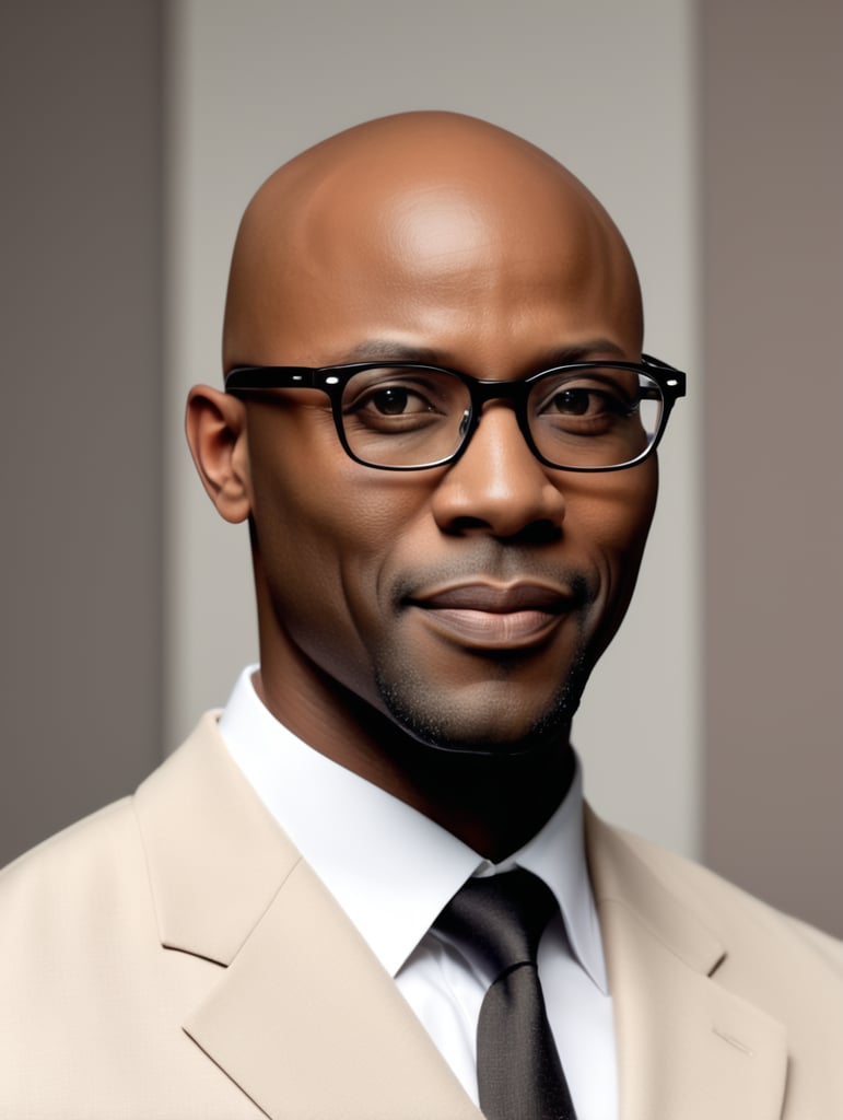 Bald headed black man wearing glasses