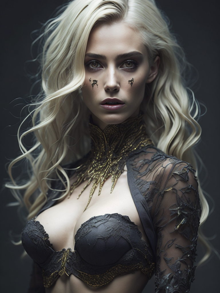 blonde zombie beauty goat horns, gold details, voodoo, pentagram, chains