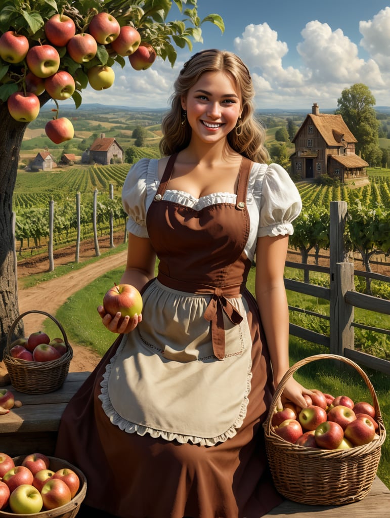 A buxom, kind girl in a brown dress and apron sits and peels an apple with a smile. There are baskets of apples nearby. nearby there is a vineyard, an apple tree, two bees. nearby, a chicken pecks at the grains. There are pies and a jug on the table