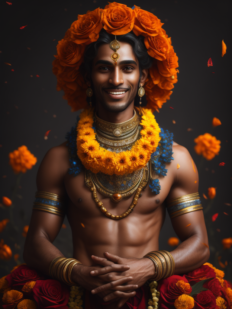 erstelle mir ein bild von gott, dem höchsten herrn, in der form von krishna. mit rosen und tagetesblumen als girlande, einem süßen lächeln und wunderbar liebenden augen