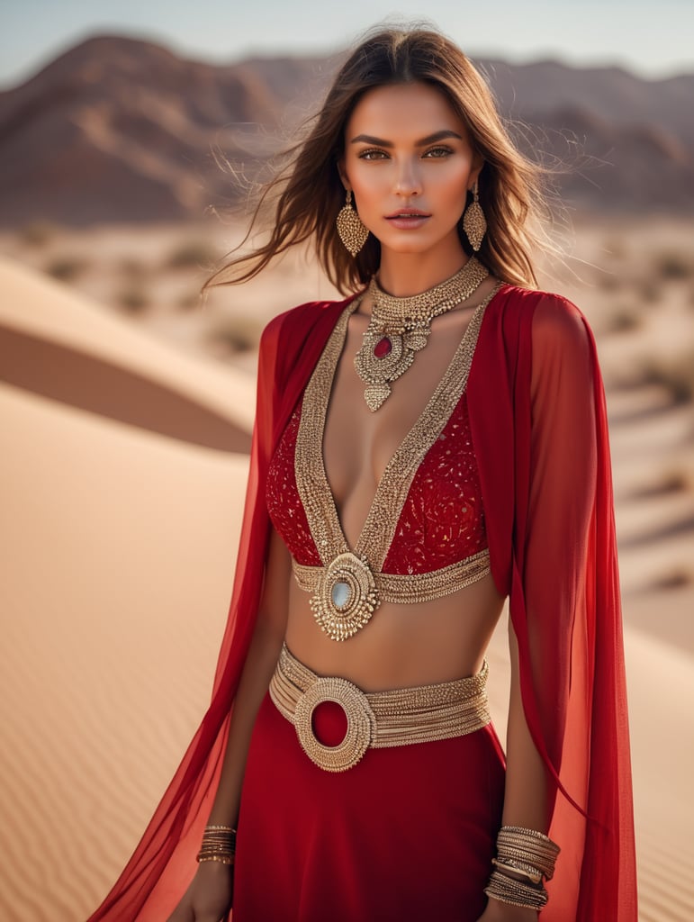 Po du ni femen me veshje trendi nga fashion showi i fundit, e fotografuar ne shkretiren e arabise, me lente 12mm, shume realistike, veshja ka ngjyre te kuqe, fotografuar ku shihet komplet trupi i modeles