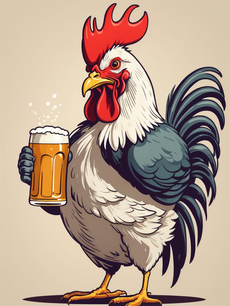 Cartoon rooster chugging a beer