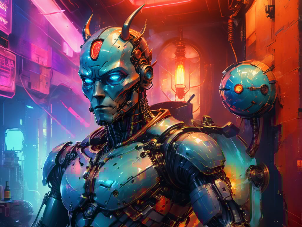 Robot devil, cyberpunk, in a futurist bar, red and blue neon ligths, masterpiece, absolutely perfect, stunning image, visually rich, intricately detailed, concept art, by Mschiffer, glowy, cinematic, UHD wallpaper, 3d, octane render, volumetric lights