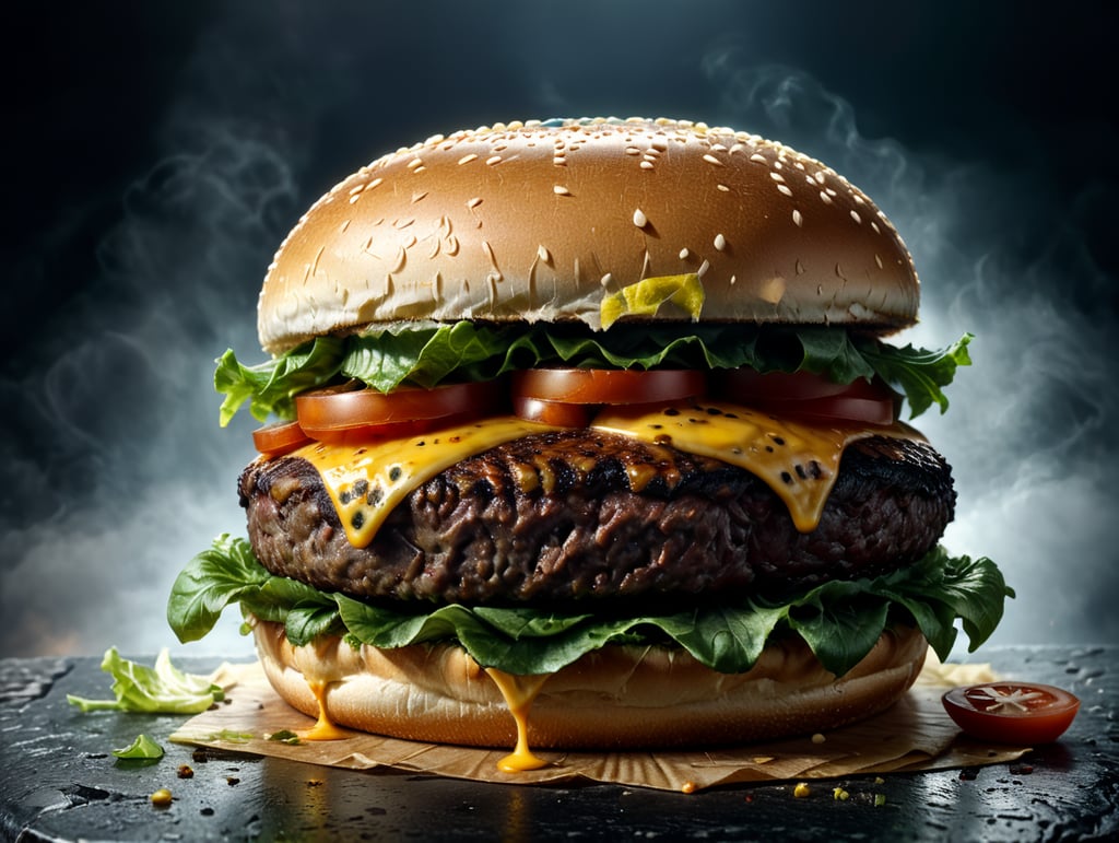 an appetizing burger with lettuce, tomato and melted cheese, ultra hd, isolated, hyper realistic, detailed,