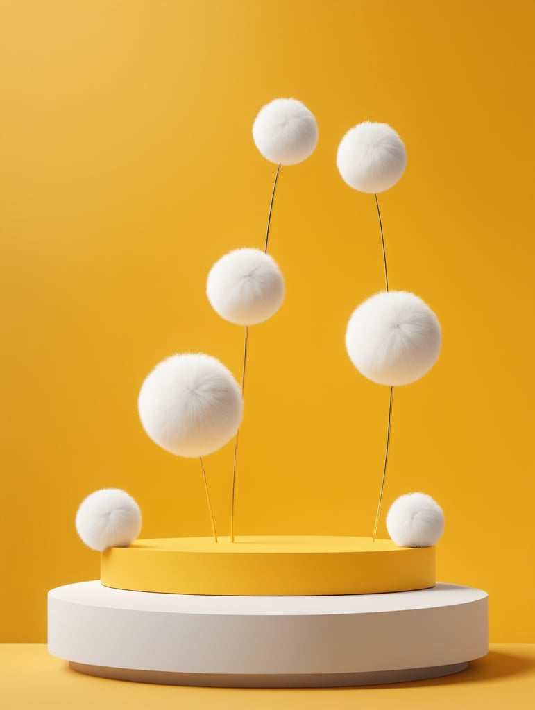 Modern minimal layout podium display with fluffy balls yellow background 3d rendering