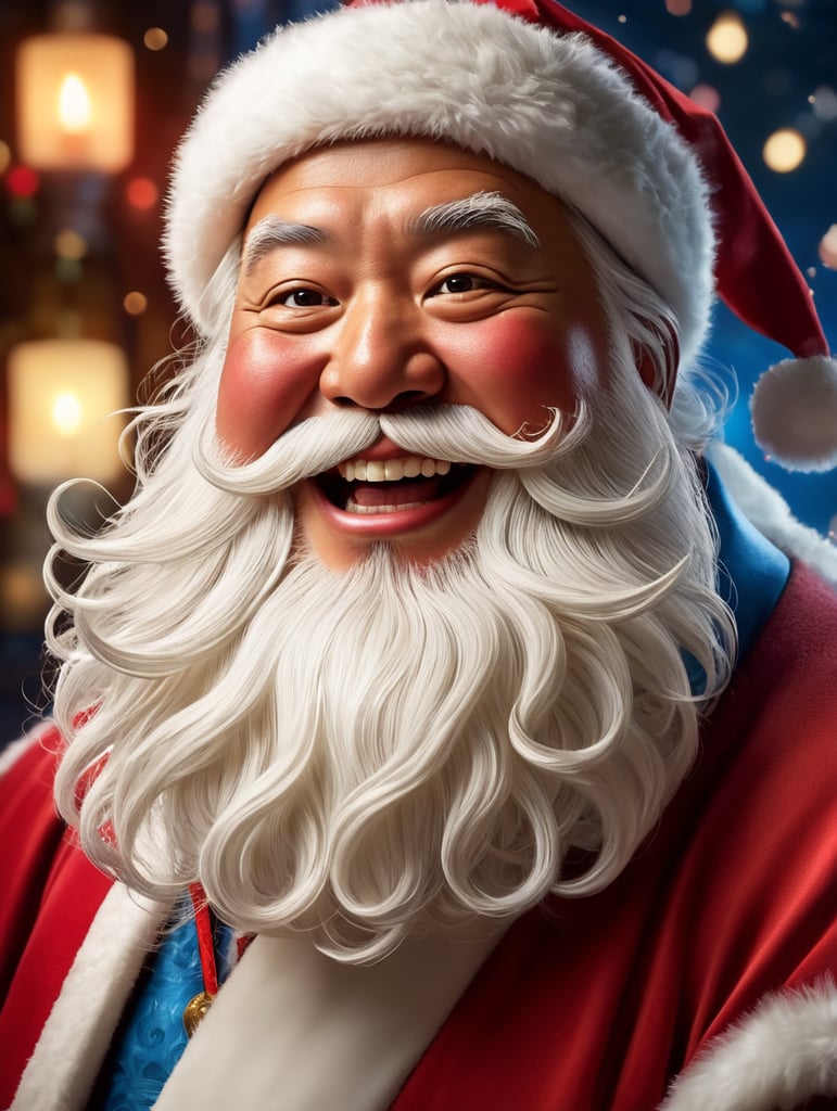 Portrait of a Japanese fat Santa Claus smiling, whimsical facial expression, flowing white beard, jolly caricature, saturated colors, red outfit, sharp focus, portrait photography, depth of field, dramatic candlelit lighting, incredibly high detailed, blue background, blurred background,