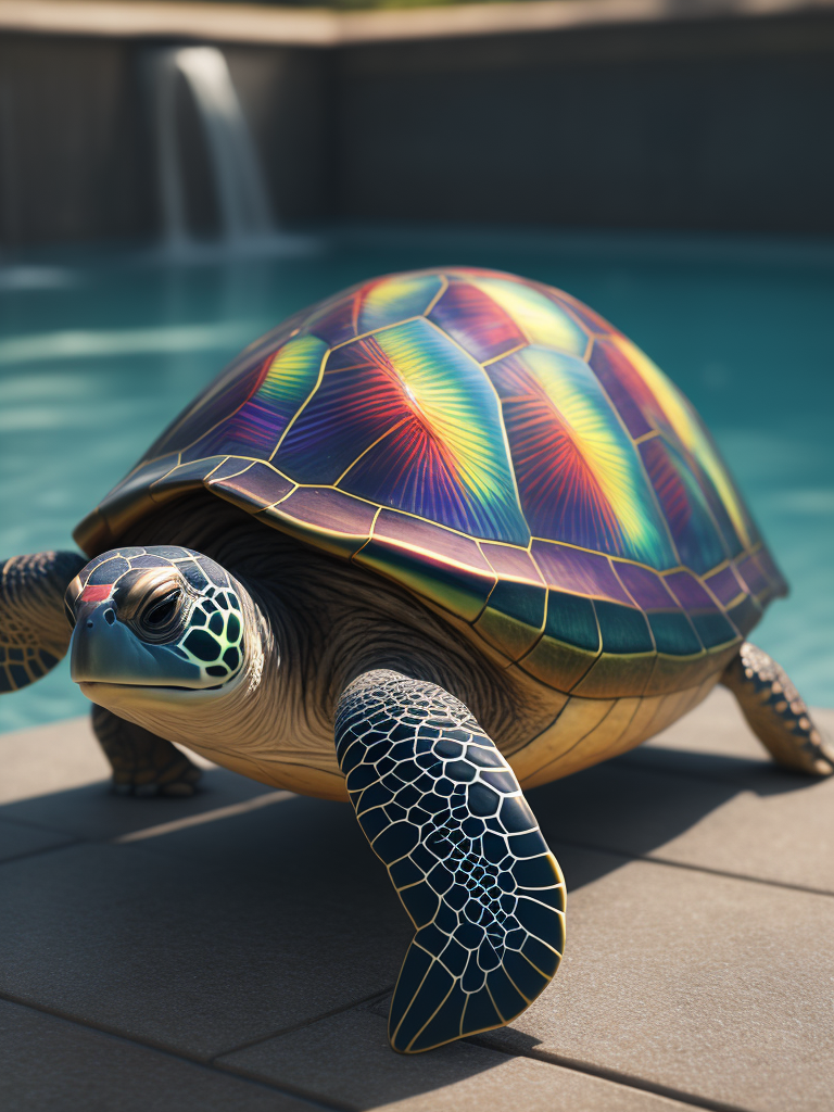 Turtle with a rainbow shell in a pool
