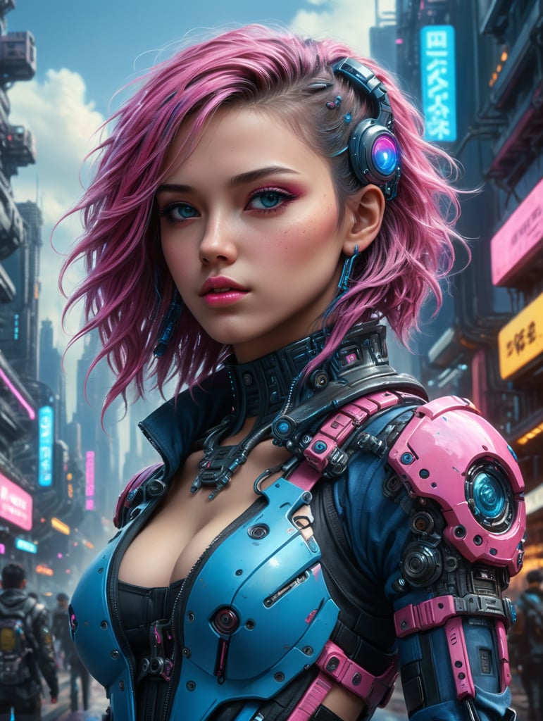 Beautiful girl in a cyber punk city, pink and blue