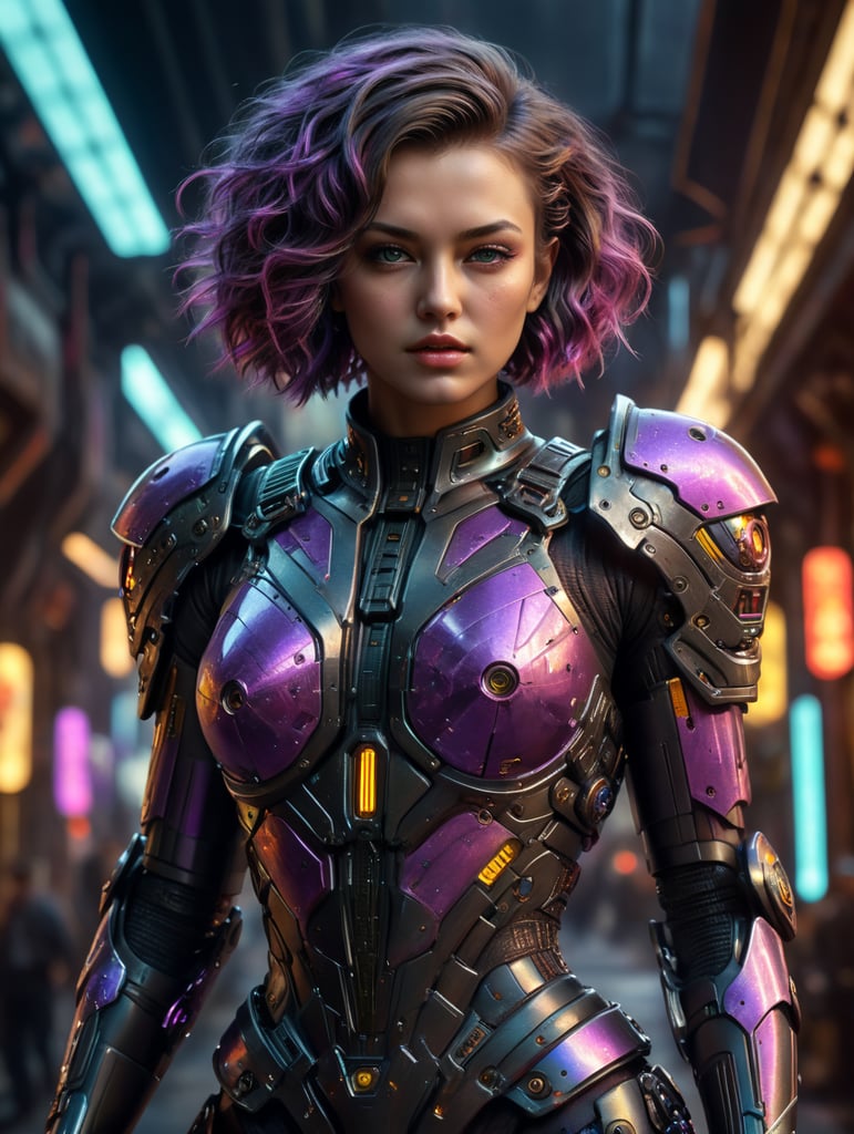 A beautiful model with short flowing hair in bright voluminous clothes, battalions, in the style of cyberpunk and glamour