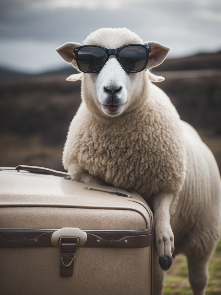 a sheep wearing sunglasses standing beside a travel luggage, studio white background, sharp detail