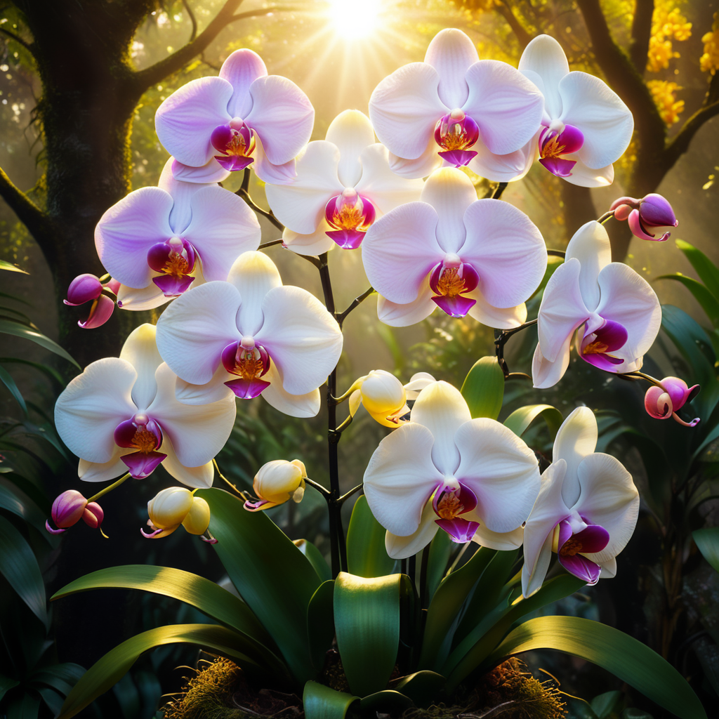 stunningly beautiful bouquet of orchid flowers, delicate white, pink, yellow orchid flowers, beautiful deep colors, glowing aura, a masterpiece, 8k resolution, dynamic lighting, hyperdetailed, intricately detailed,volumetric lighting, complementary colours, sunshine, trees, birds