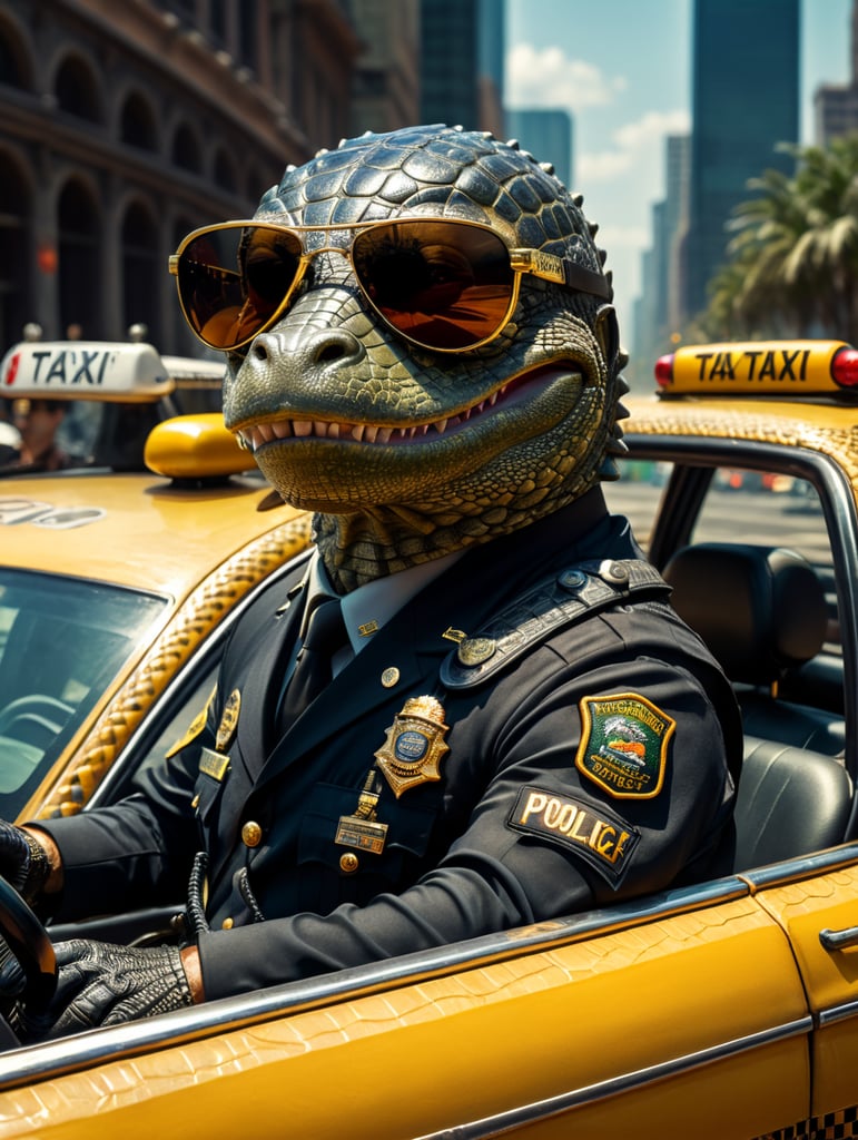 Alligator police officer, sitting behind the wheel of a taxi, close-up shot, sunglasses, clipart, stock photo