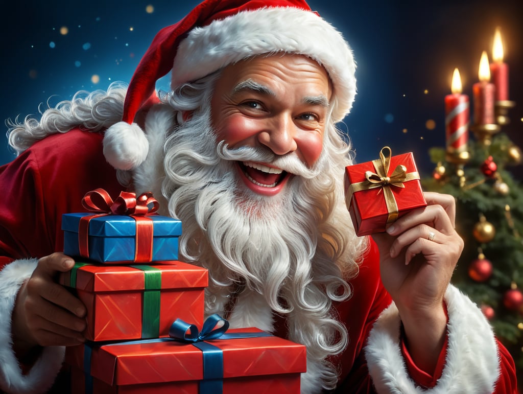 Portrait of Santa Claus smiling, one tooth missing, holdind a Red Chritmas Gift Box, whimsical facial expression, flowing white beard, jolly caricature, saturated colors, red outfit, sharp focus, portrait photography, depth of field, dramatic candlelit lighting, incredibly high detailed, blue background, blurred background,