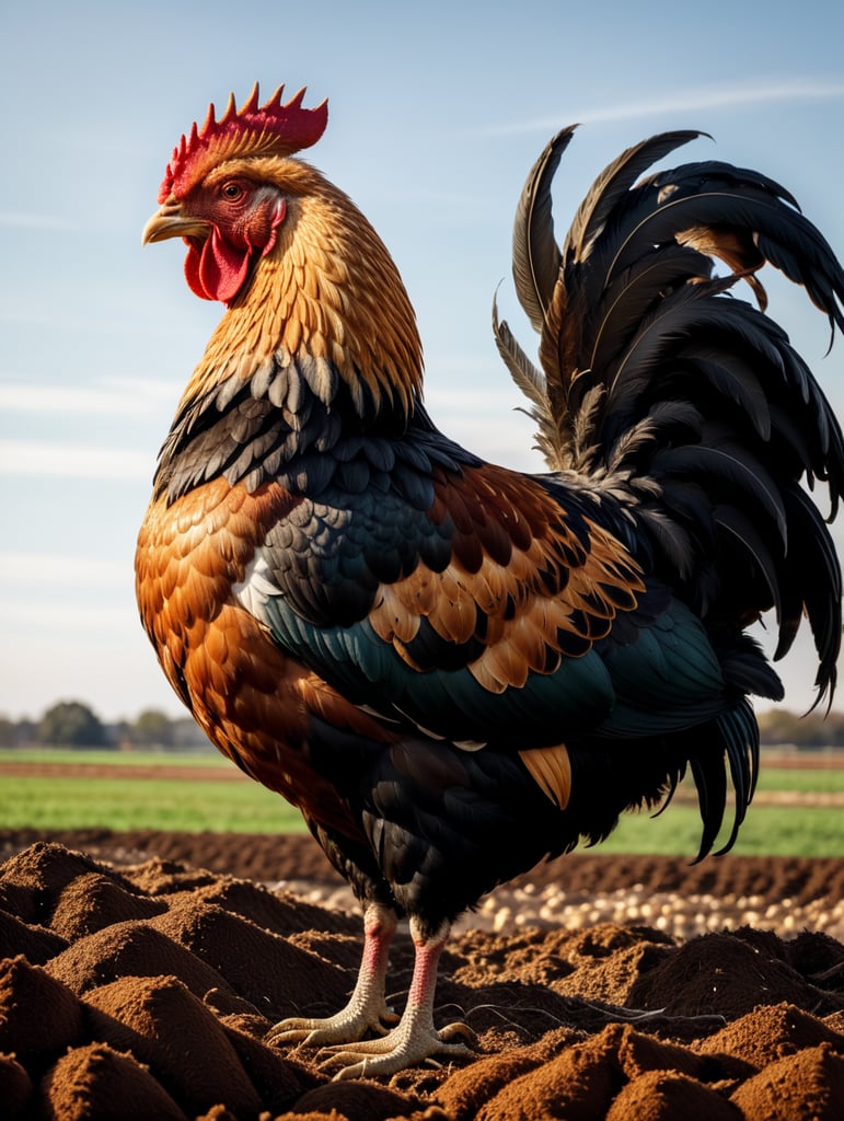 A giant rooster stands on a farm field. The rooster wears a butler jacket and stands behind a pile of dried chicken manure pellets.