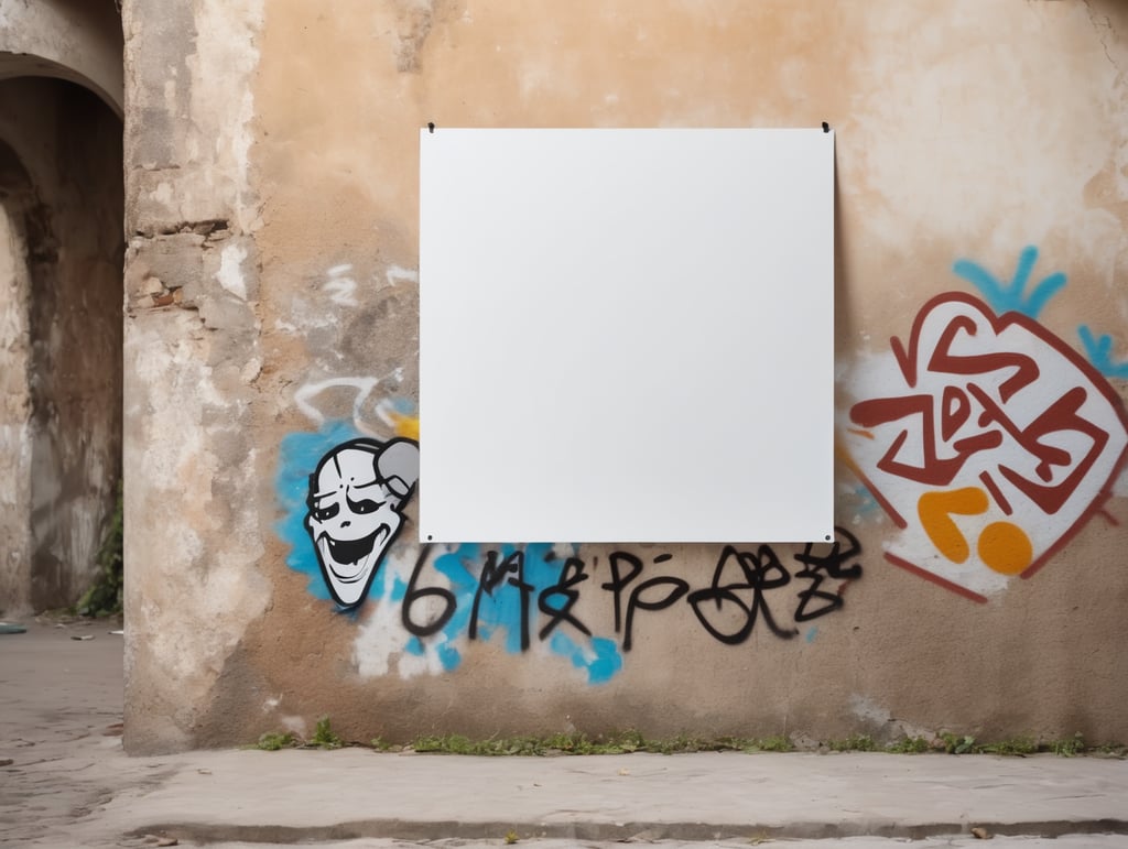 a white blank poster hangs on an old shabby wall with graffiti, the corner of the poster is bent, people are blurred, daylight, mockup, mock up