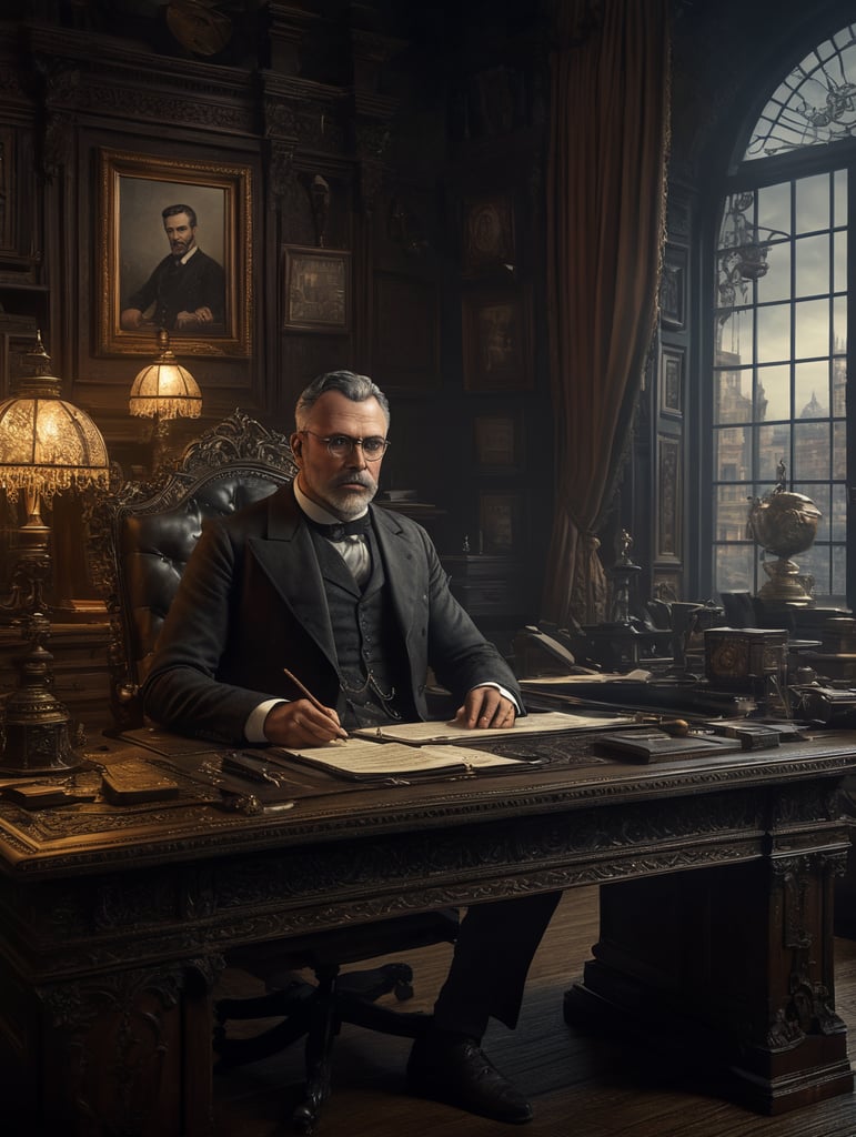 an accountant sitting at a desk in the style of victorian photograph