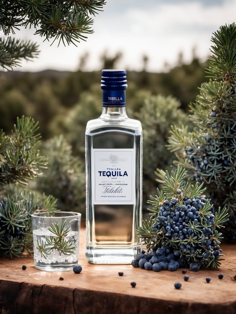 professional photography of a square gin bottle, square bottle, surrounding a juniper and juniper berries, one shot of tequila, salt, no label, clear, mockup