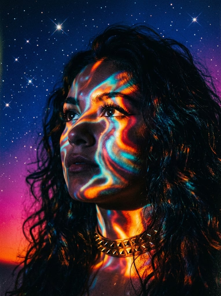 close-up portrait of a figure looking slightly upward, face enveloped in swirling iridescent liquid light patterns, vivid thermographic streaks of fiery orange, glowing cyan, and deep red, heavy shadows contrasting with luminous skin, thick dark wavy hair framing the face, gold studded choker necklace reflecting warm light, background gradient transitioning from a deep blue starry space to a vibrant magenta horizon, scattered sparkling stars with cross-flares, heavy vintage film grain texture, retro-futuristic surrealism, dramatic high-contrast lighting