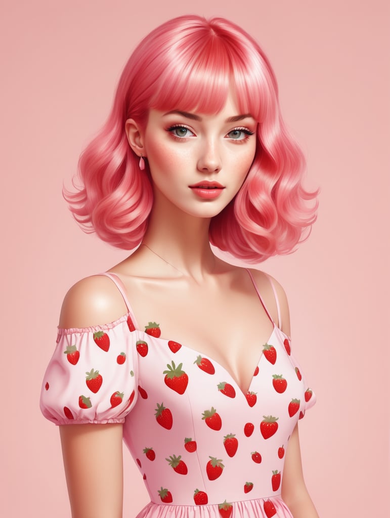 create a 2d vector illustration of a cute woman with pink hair in a pink dress with a strawberry print in a minimalist style