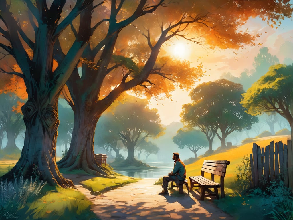 In a serene, sun-dappled garden, a person stands before a graceful willow tree. Their gaze is fixed on a fading, weathered letter in their hand. Nearby, a wooden bench sits beneath the tree's shade, where a figure from their past, now forgiven, awaits with a warm smile. This one frame scene portrays the healing power of forgiveness, illustrating a tale of redemption and renewal.