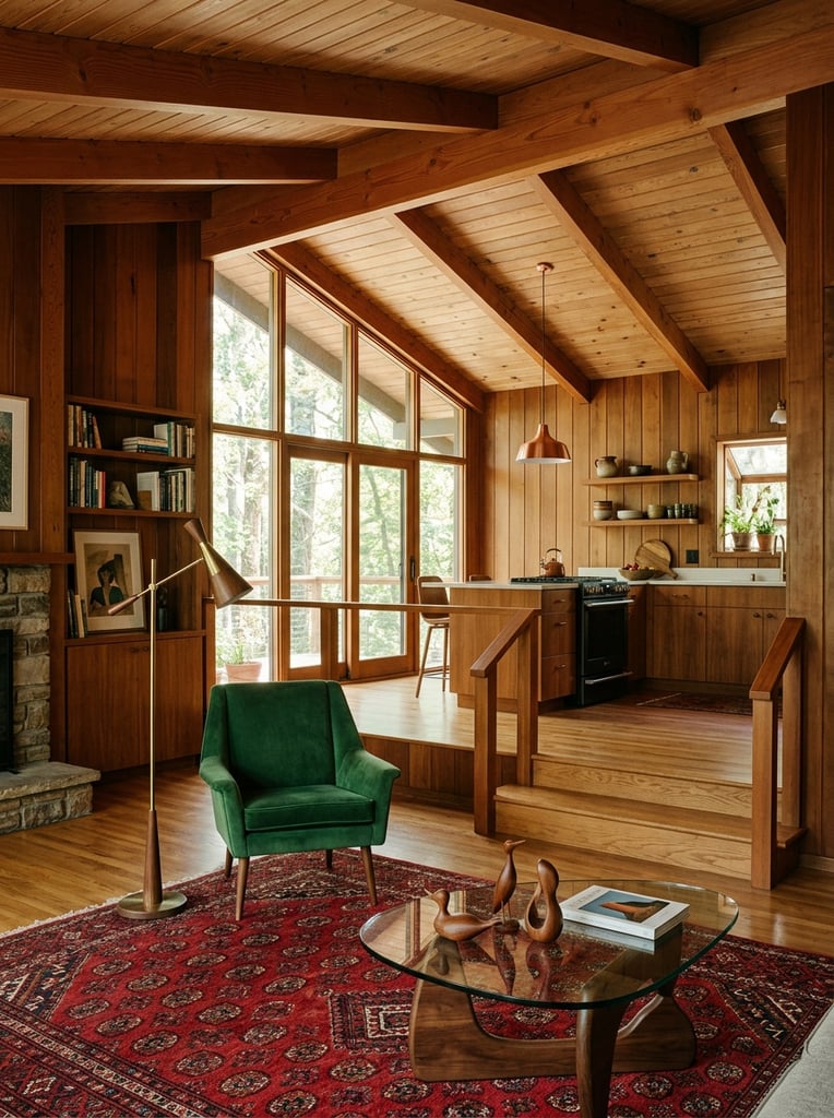 A warm wood-paneled interior featuring a vaulted beamed ceiling and mid-century modern decor. A forest green armchair, conical floor lamp, and glass-topped coffee table with wooden sculptures occupy the lower living space near a patterned red rug. Two wooden steps lead to a raised, matching wooden kitchen in the background. The architectural photography highlights natural light, a wide-angle perspective, and an earthy palette dominated by rich brown, vibrant red, and dark green.