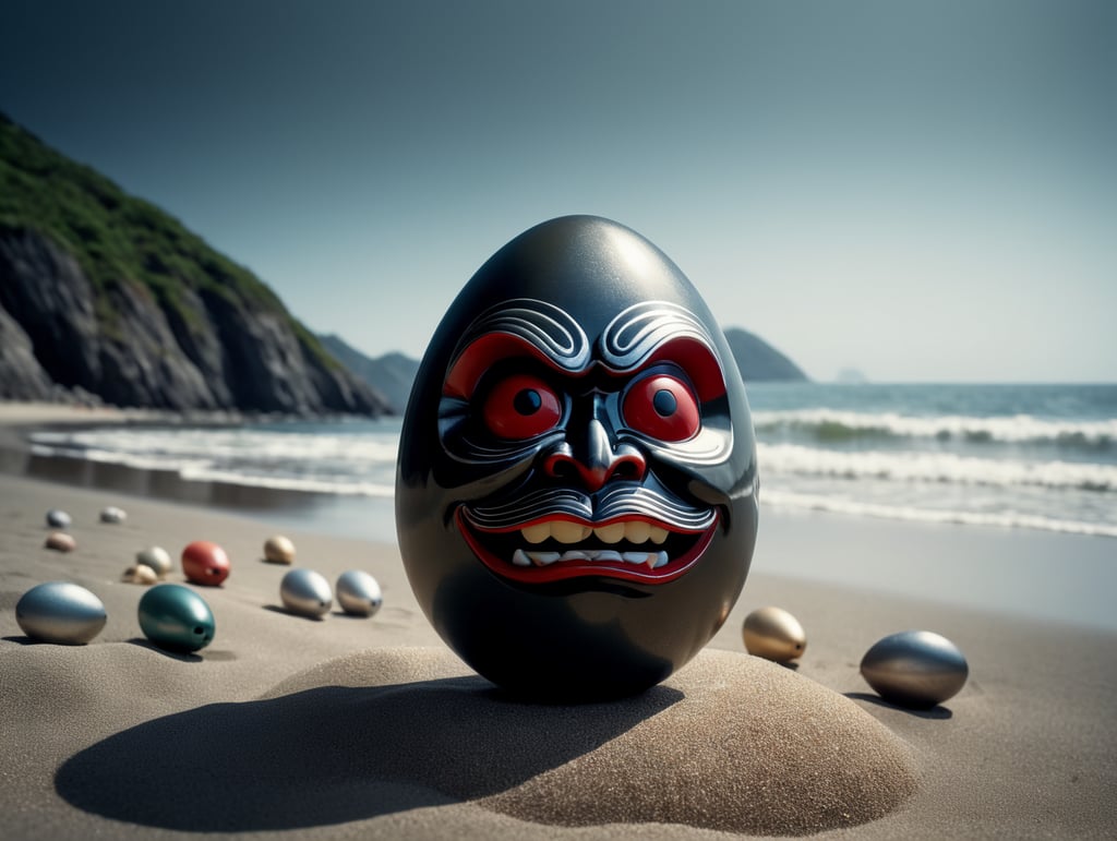 Japanese happy small daruma figure as an egg. Situated on a beach close to the sea. Left has no pupil