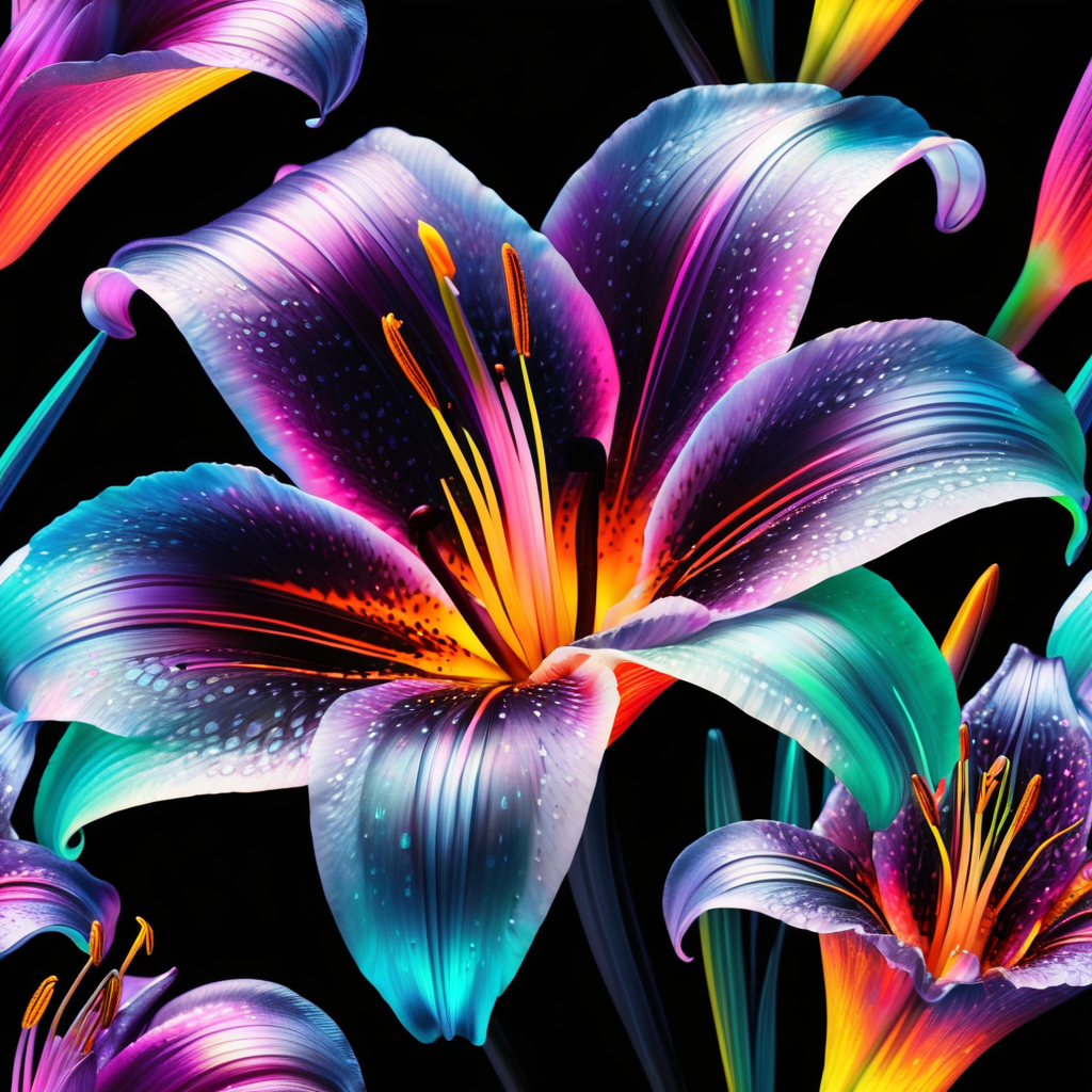 holographic neon lily with a black background