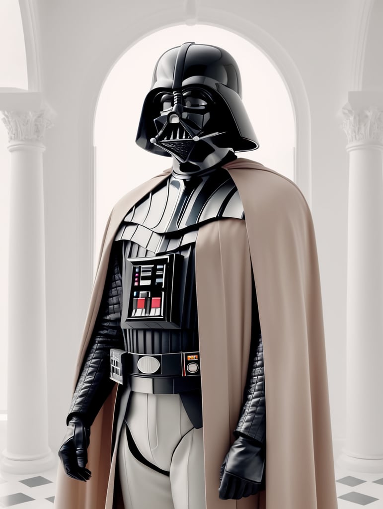 vogue photoshoot of Darth Vader of Star Wars in Wes Anderson style, hyperrealistic photography, Wes Anderson style, 8k