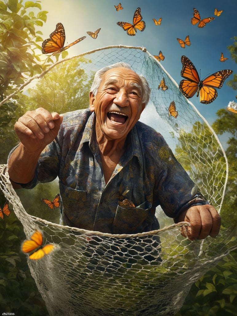 Happy elder man with wrinkled face, chases butterflies with a net, incredibly high detailed, blurred background, vivid saturated colors, contrast color