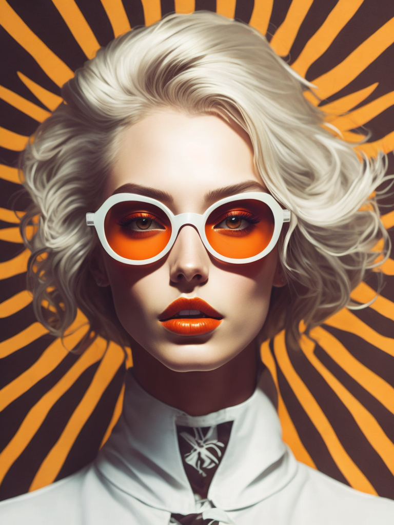 Pale-skinned girl model, wearing a high-necked dress, contrast lighting, white sunglasses with red-orange lenses, red lips, blonde hair in a bob style, dark background with orange-red rays, fashion model, magazine cover, professional shot,
