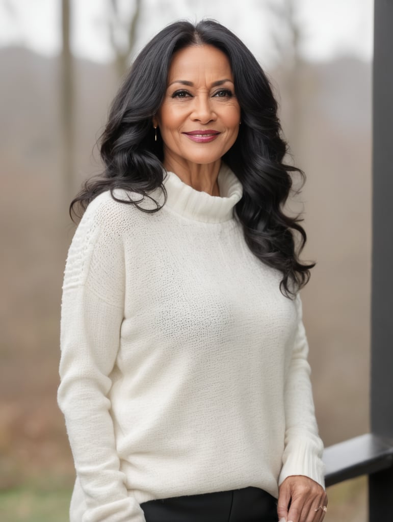 woman middle aged black long wavy hair white sweater close up half body portrait mature facial expression neutral