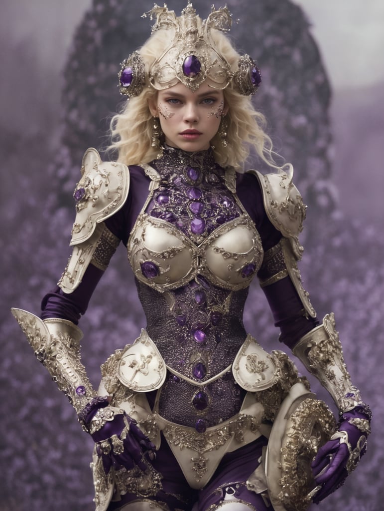 night, stella maxwell knight warrior, 18th century full plate ivory armor, black chainmail, purple gems crystals sapphire ornated, sallet helmet, fullbody, space, marie antoinette, planet