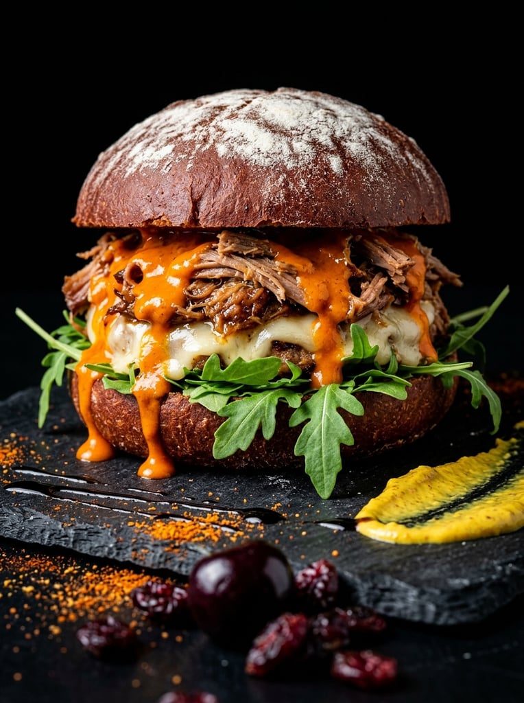 gourmet sandwich on dark textured slate, dark reddish-brown artisan bun dusted with white flour, savory shredded meat, melted white cheese, dripping bright orange sauce, protruding fresh green arugula, thick smear of yellow sauce on the stone base, dark glaze streaks, scattered orange spice powder, blurred dark glossy cherries in the immediate foreground, pitch black background, macro food photography, dramatic studio lighting, shallow depth of field, high contrast textures