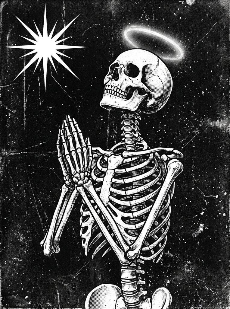 A high-contrast black and white illustration of a human skeleton from the waist up in a praying posture. The bony hands are clasped tightly together with the skull tilted upwards toward a jagged white starburst radiating in the upper left. A faint glowing halo hovers above the cranium. The artwork features a heavily distressed grunge texture with visible scratches, dust particles, and stipple shading against a stark dark background, resembling a vintage underground zine graphic.