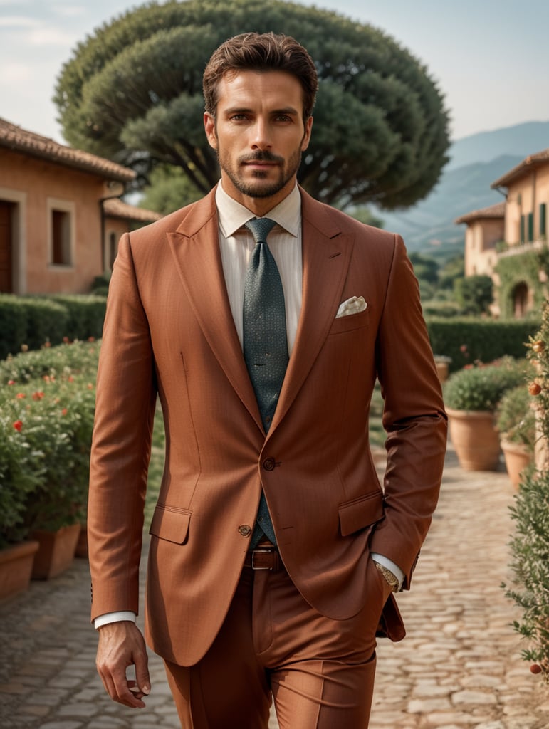 thirty years old ultrarealism man walking in a romantic Italian landscape wear a 3 pieces terracotta suit brunello cucinelli style