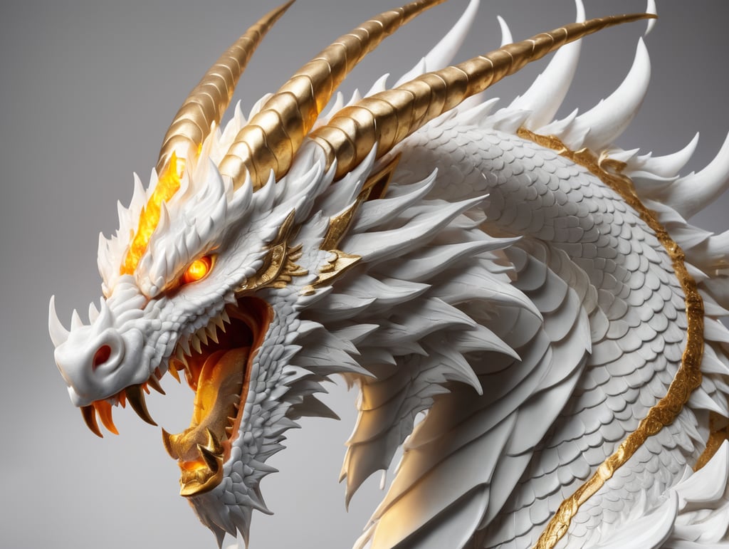Ferocious white and golden dragon with fire eyes and golden horns, breathing fire