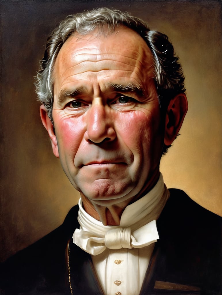 Portrait of George W. Bush by Rembrandt Harmenszoon van Rijn, sad face, America, so sorry