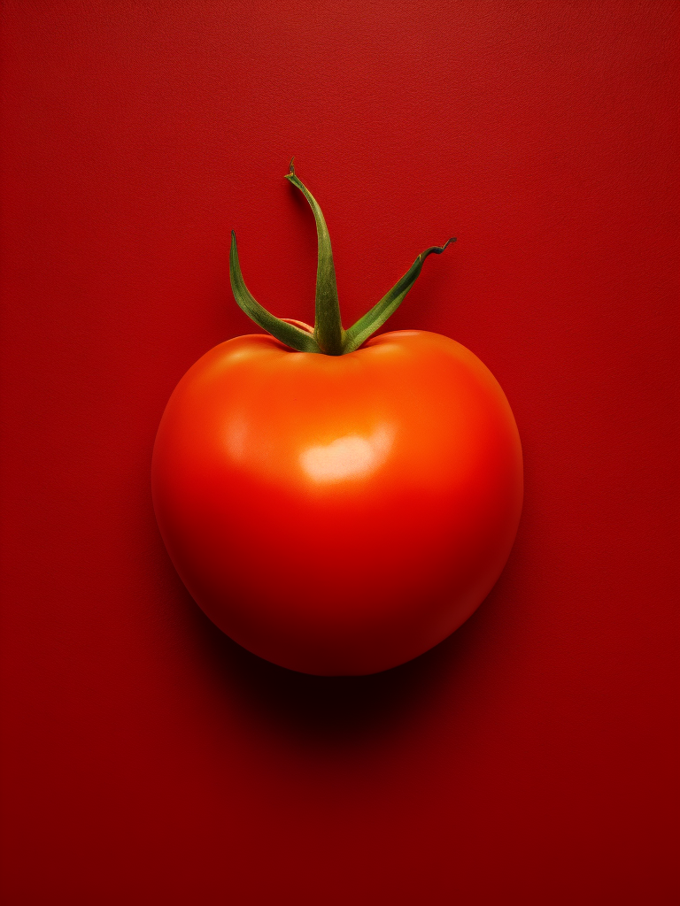 one tomato on a red background, highly detailed macro photo, magazine cover photo