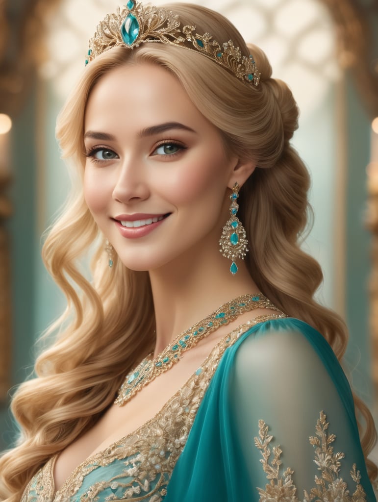 In vertical format. High-definition photography of a fantasy-style portrait of a princess with a radiant smile. She has long, golden hair elegantly styled in an updo, crowned with a delicate tiara on her forehead. Her attire is a luxurious, turquoise gown adorned with intricate details and embroidery that glistens subtly. Gracefully held in her arms are three clear glass bottles. The background of the image is a stark, pure white, emphasizing her regal and ethereal presence.