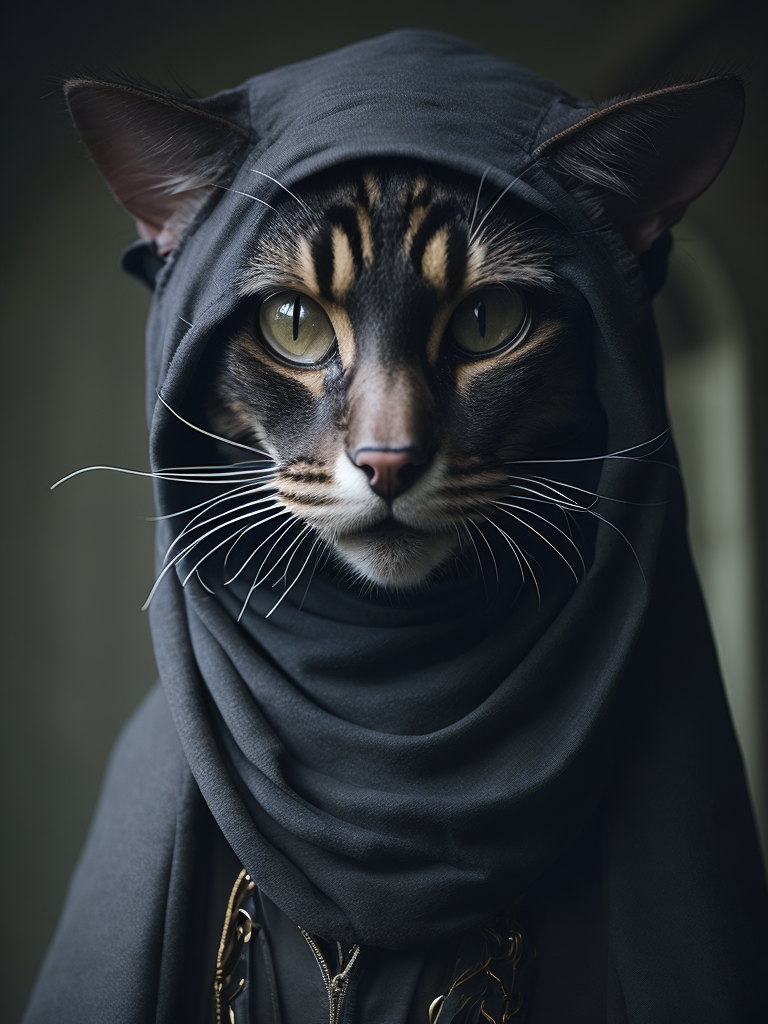 hyper-realistic, ultra-detailed photograph of a big maincoon cat wearing black coated arabic fashion and beautiful woman wearing hijab niqab arabic fashion in the Renaissance ottoman mosque background, depth of field,