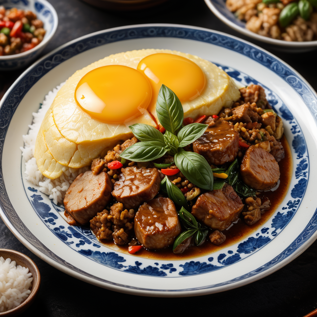 photo of Thai food, Stir-fried minced pork with basil and omelet , top on rice hot steam face, have chili fish sauce ,have little smoke , on blue-and-white Chinese porcelain plate, deep black background, 8K, Photo, Ray Tracing, reflective light. advertising image, naturality background, natural light catching the product, realistic image, sharp image, 8K
